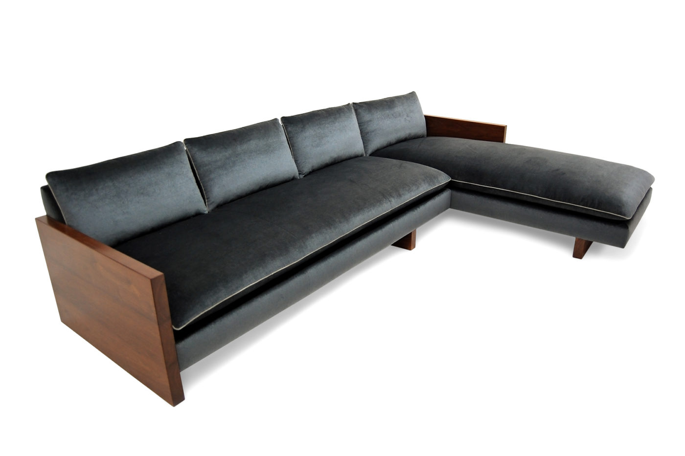 ROOM Aria Sectional Sofa Walnut Arms and Base Kiln-Dried Hardwood Frame, Knife-Edged Dark Grey Fabric Seat and Back Cushions White Piped Seam Made to Order Customizable Room Furniture