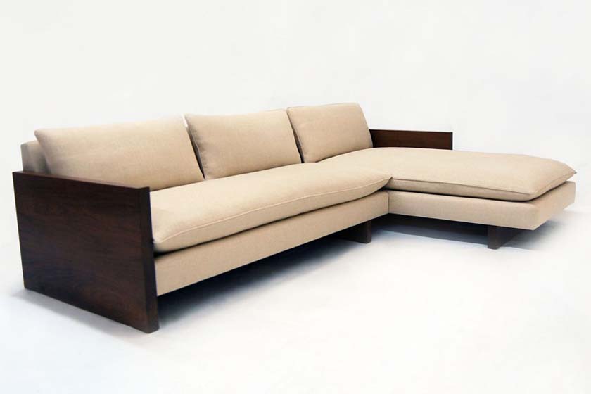 ROOM Aria Sectional Sofa Walnut Arms and Base Kiln-Dried Hardwood Frame, Knife-Edged Cream Fabric Seat and Back Cushions Made to Order Customizable Room Furniture