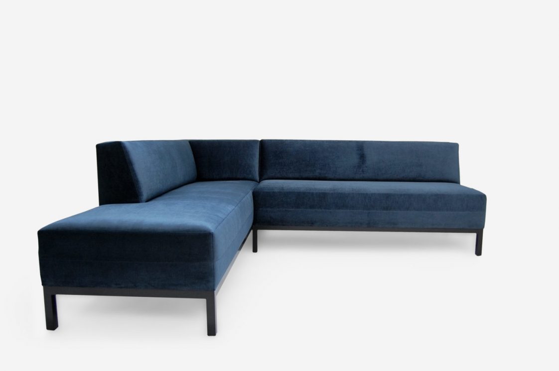 ROOM Bruno Sectional Sofa Blue Kiln-Dried Maple Frame Expose Base Colorful Fabric Leather Wraparound Back Made To Order Customizable Room Furniture