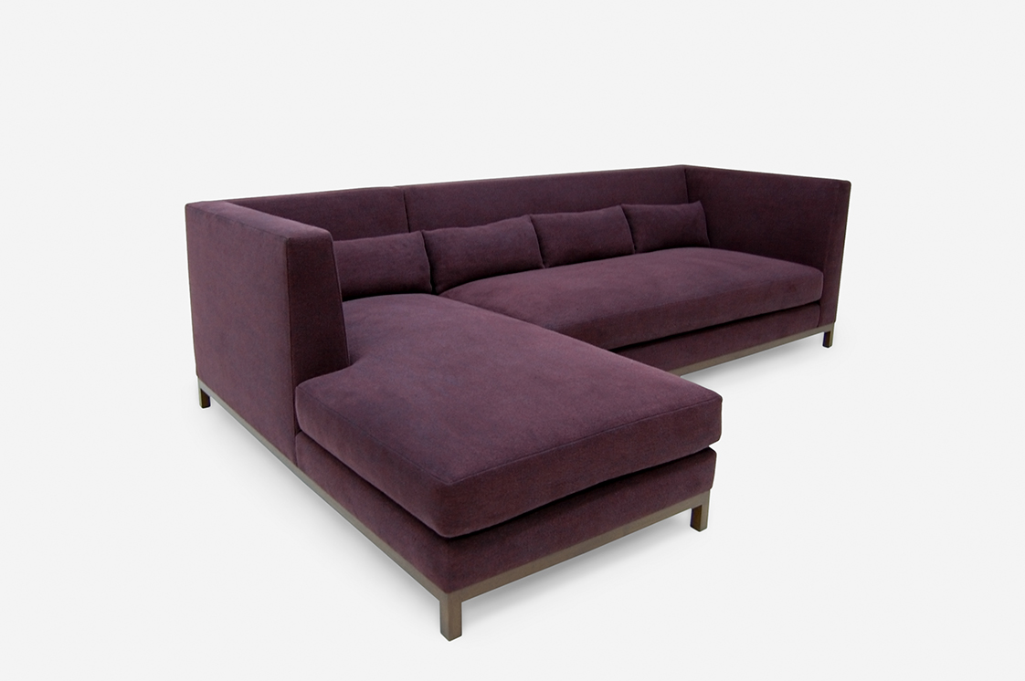 ROOM Gersten Sectional kiln-dried maple frame exposed maple base cushion standard Plum violet fabric custom customizable made to order any colors
