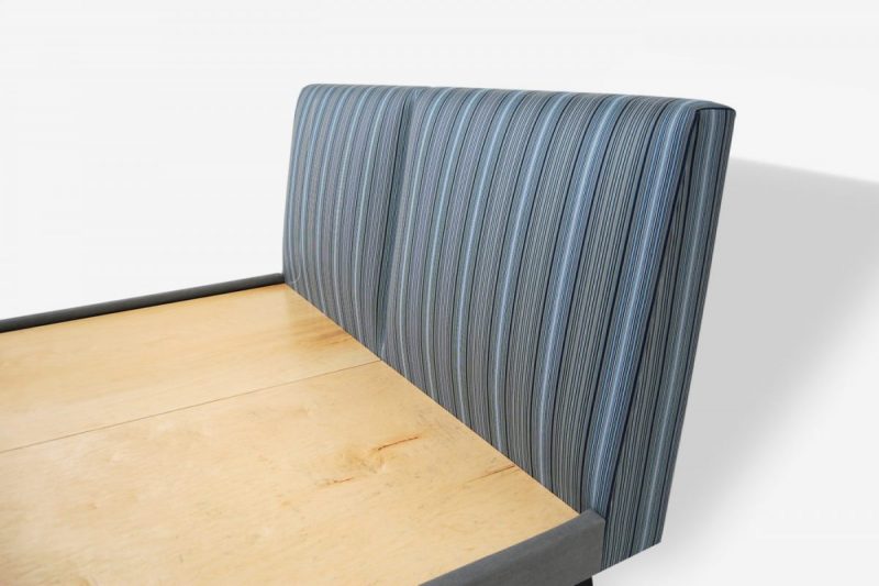 ROOM Smythe Bed Striped Blue Softly Padded Angled Headboard, Upholstered Frame and H-shaped, Angled Natural Finished Maple Wood Legs Made To Order Customizable ROOM Furniture