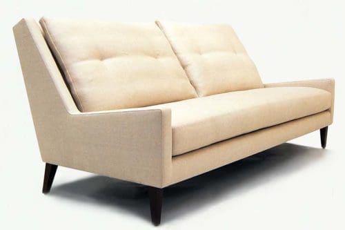 ROOM Thatcher Sofa Beige Fabric Loose Back Cushions Kiln-Dried Hardwood Frame Hand Finished Ebony Maple Legs Made to Order Customizable ROOM Furniture