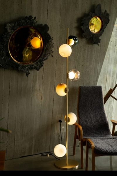 Bocci 28 Series 28.6 6 Globe Stem Series Floor Lamp Long with Light Toned Hand Blown Glass Brass Stem Room Furniture