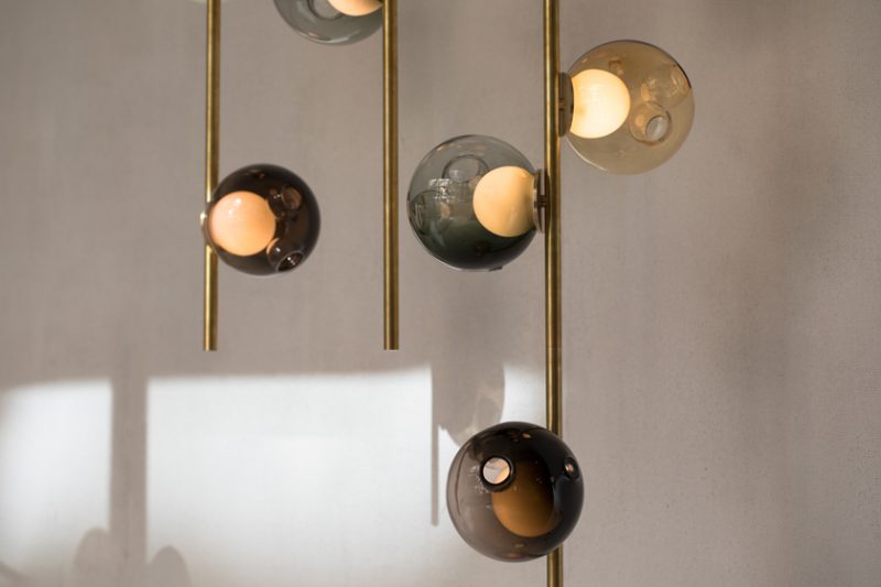 Bocci 28 Series 28.6 6 Globe Stem Series Ceiling Mounted Pendant with Light Toned Hand Blown Glass Brass Stem Room Furniture