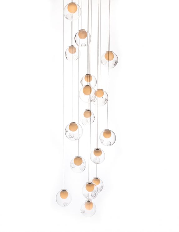 Bocci 28 Series 28.16 Random low voltage lamp pendants clear braided metal coaxial cable white powder coated canopy Omer Arbel blown glass | ROOM Furniture