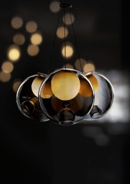 Bocci 28 Series 28.3 3 globe pendant cluster with clear hand blown glass room furniture braided low voltage 20 watt xenon bulb spherical dynamic clusters blown glass sculpture