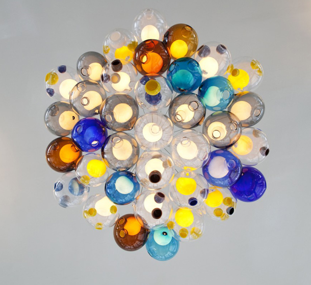 Bocci 28.61 Cluster low voltage lamp pendants Blue, Orange, Black Aqua, braided metal coaxial cable white powder coated canopy Omer Arbel blown glass | ROOM Furniture