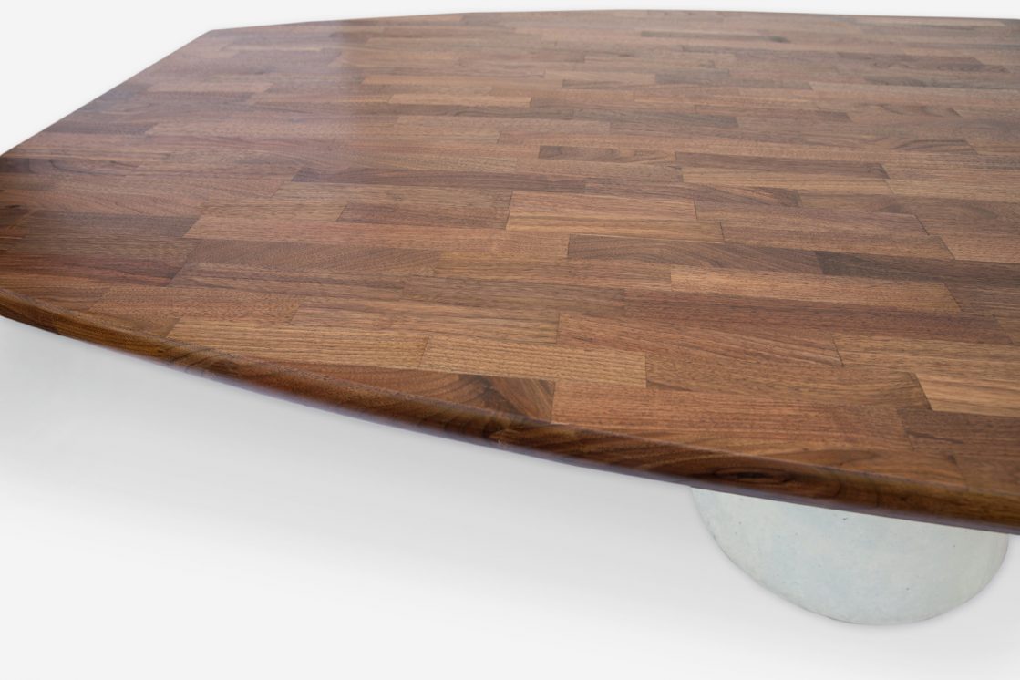 ROOM Furniture Amy Crain Beton Dining Table Surfboard Top Walnut Finish Concrete base wood top made to order customizable | ROOM Furniture
