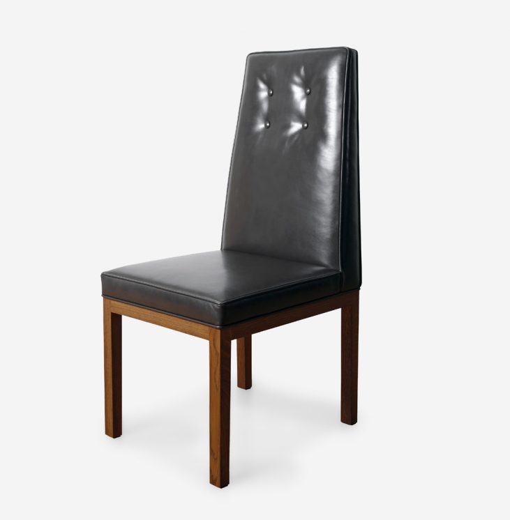 ROOM Dunbar Dining Chair Grey Kiln-Dried Hand Finished Walnut Hardwood Frame Black Leather Piped Seam Made To Order Customizable Room Furniture