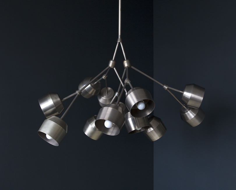 Materia Designs Forchette 12 Chandelier Andrew Molleur shades porcelain hand-blown glass brass arms aged brass aged silver blackened brass graphite black | ROOM Furniture