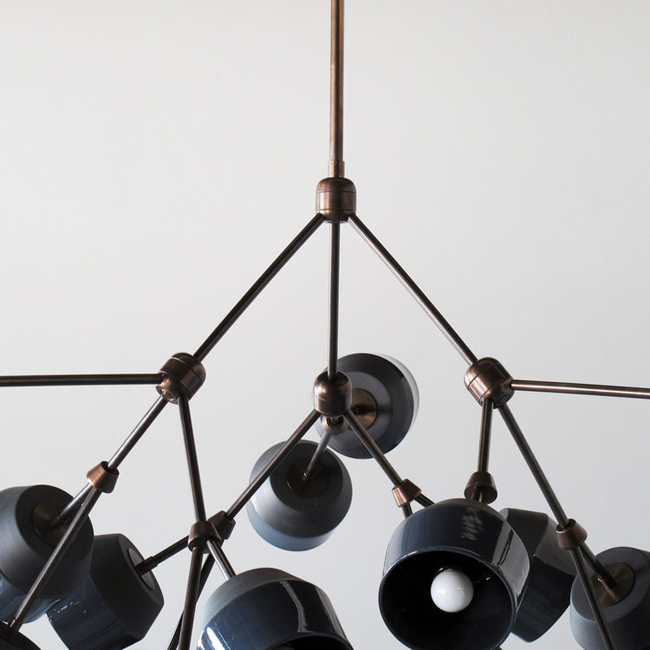 Materia Designs Forchette 18 Chandelier Andrew Molleur shades porcelain hand-blown glass brass arms aged brass aged silver blackened brass graphite black | ROOM Furniture