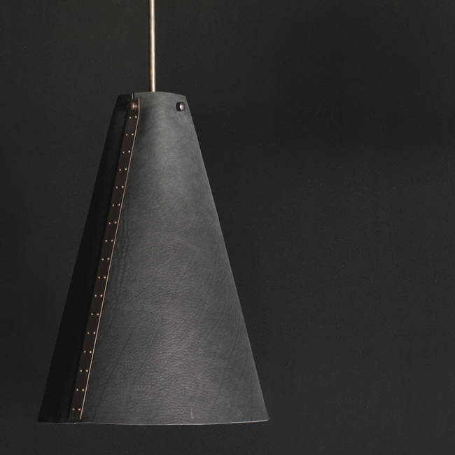 Materia Designs Fulcrum Pendant in Black Calfskin with Brass Arms Ceiling Plate Size Large Hand Cut calfskin or natural goatskin rich hardwood ROOM Furniture