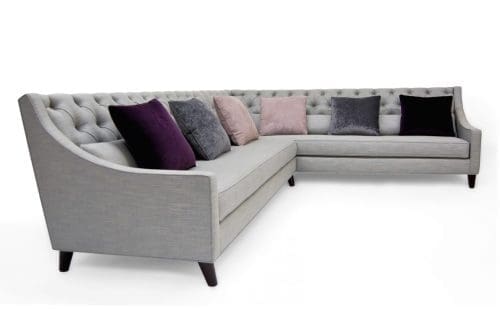 ROOM Gitane Sectional Sofa with full return, Kiln-dried hardwood frame gray cushions and upholstery piped seam handcrafted fully customizable made to order custom ROOM Furniture