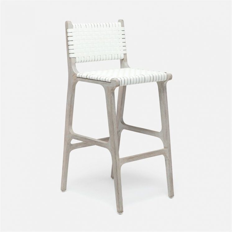 Made Goods Henry Barstool Weatherproof Flat White Faux Rattan Woven Basket Weave Seat Back Gray Teak Wood Base Made To Order Customizable ROOM Furniture