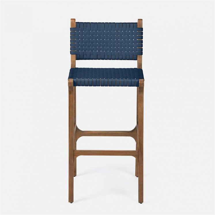 Made Goods Henry Barstool Weatherproof Navy Faux Rattan Woven Basket Weave Seat Back Natural Teak Wood Base Made To Order Customizable ROOM Furniture