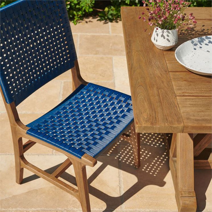 Made Goods Henry Side Chair Weatherproof Navy Faux Rattan Woven Basket Weave Seat Back Natural Teak Wood Base Made To Order Customizable ROOM Furniture