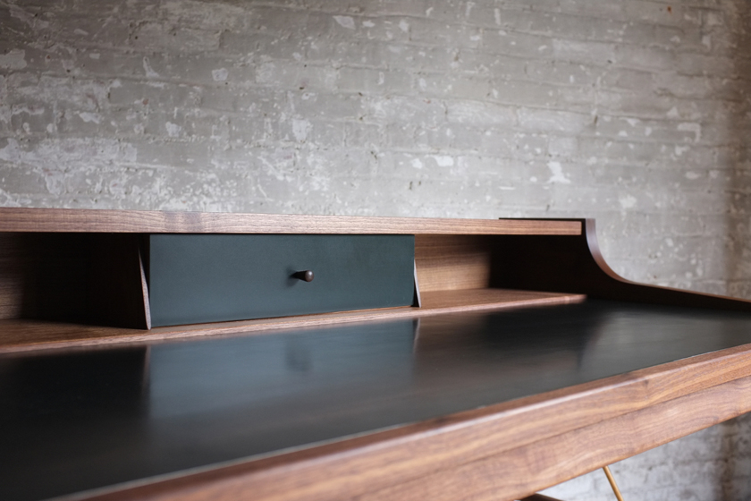 Michael Robbins Black Walnut Hugo Desk Satin Brass Detailing Black Leather Drawer Room Furniture