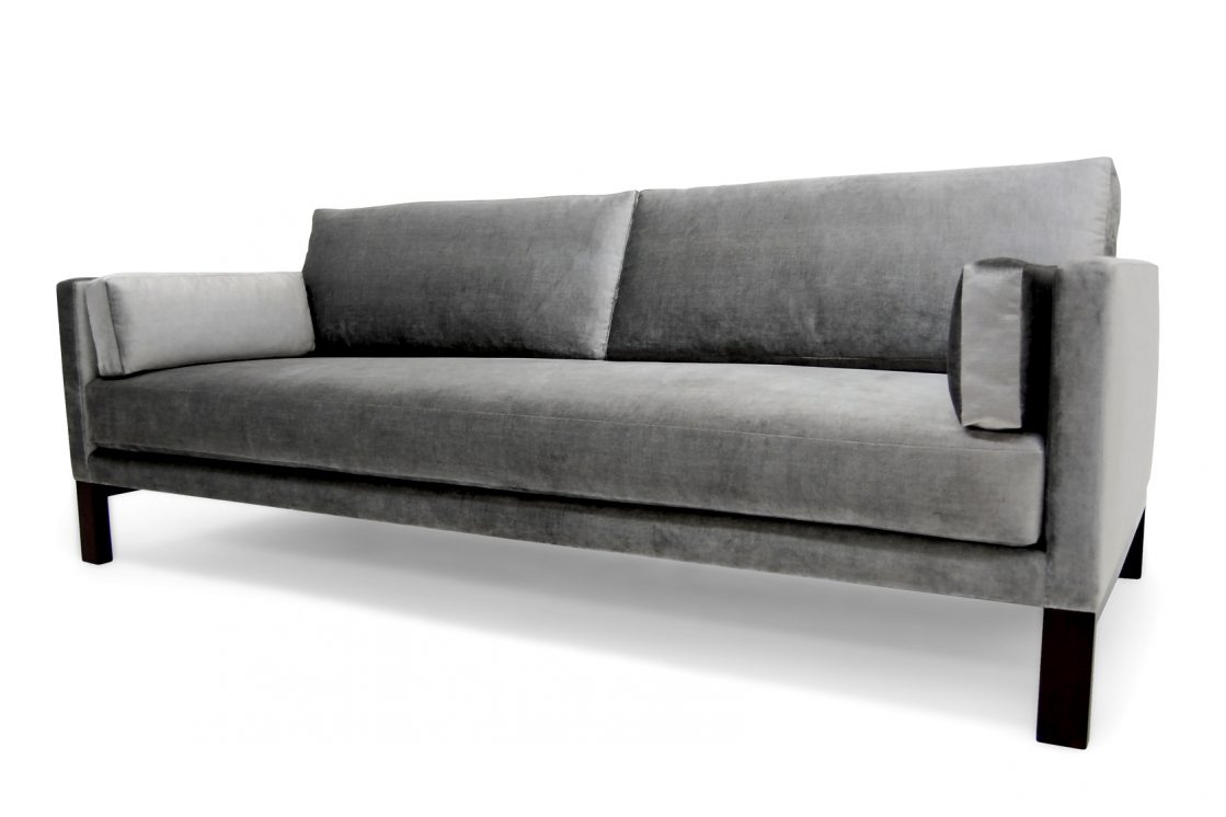 ROOM Jasper Sofa 2 Cushions with Gray Flat seam Cushions and upholstery, Kiln-dried wood frame, Ebony legs Handcrafted customizable made to order custom ROOM Furniture