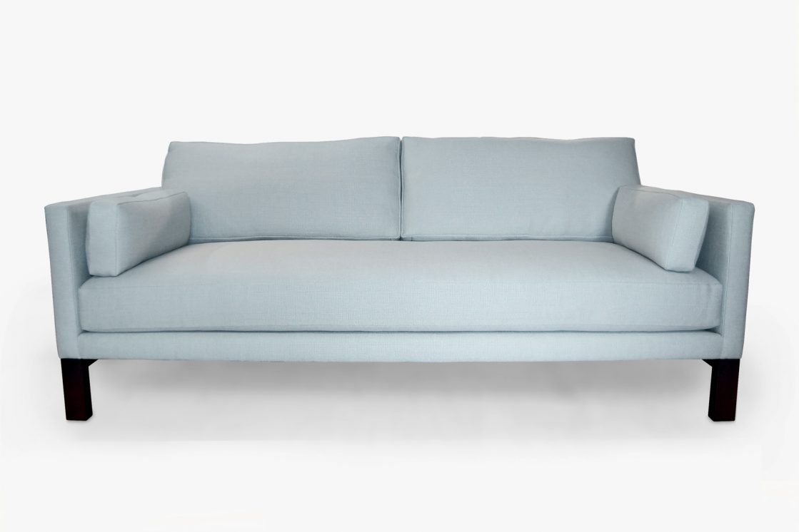 ROOM Jasper Sofa 2 Cushions with light blue Flat seam Cushions and upholstery, Kiln-dried wood frame, Ebony legs Handcrafted customizable made to order custom ROOM Furniture