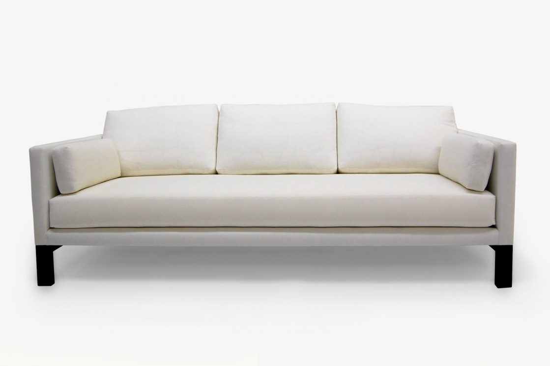 ROOM Jasper Sofa 3 Cushions with white Flat seam Cushions and upholstery, Kiln-dried wood frame, Ebony legs Handcrafted customizable made to order custom ROOM Furniture