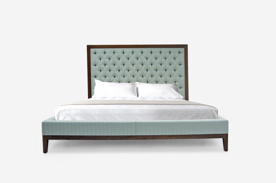 ROOM Katie Bed in Green with customizable Solid wood frame and legs custom ROOM Furniture made to order