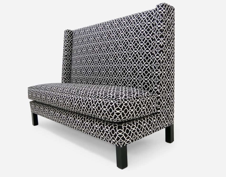 ROOM Mechiche Sofa / Banquette in black and white with kiln-dried hardwood frame with customizable waterfall skirt cushion fill, seam style, and leg finish made to order custom ROOM Furniture