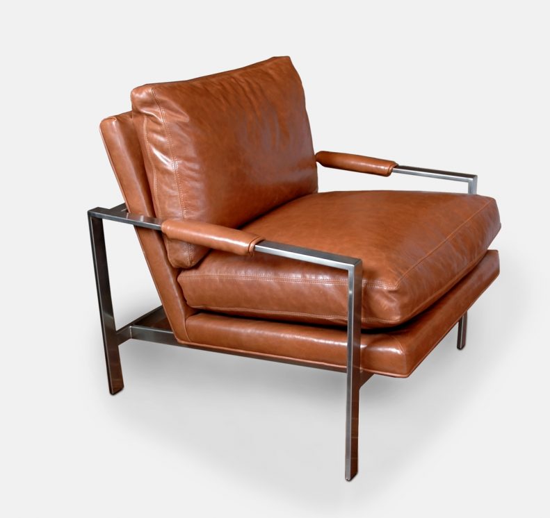 Thayer Coggin Milo Armchair in Brown Leather with brushed nickel frame customizable made to order custom Milo Baughman ROOM Furniture