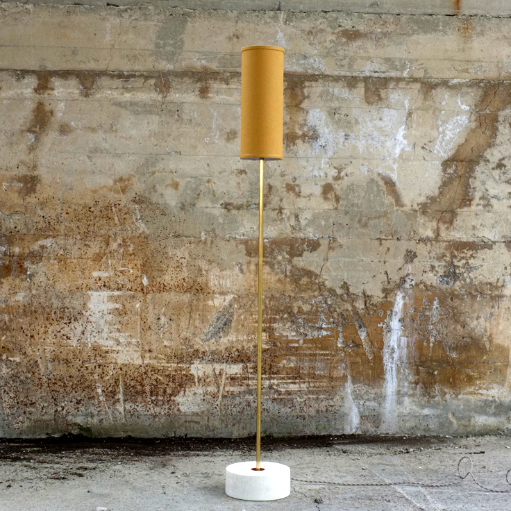 Michael Robbins Pencil Floor Lamp Bleached Sycamore Base Satin Brass Stem Mustard Yellow Linen Shade Room Furniture
