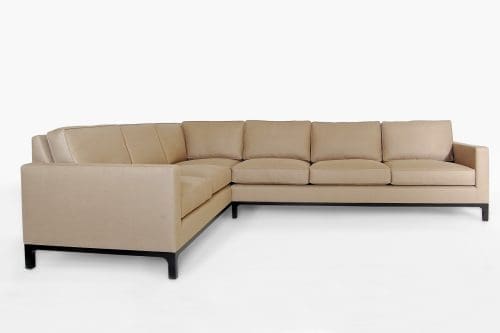 ROOM Pierre Sectional Sofa Beige Leather Flat Seam Loose Back Cushions and Upholstery with Exposed Kiln-Dried Hardwood Walnut Frame and Ebony Legs Customizable Handmade Made to Order ROOM Furniture