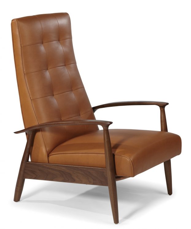 Thayer Coggin Prato Recliner chair with Exposed solid walnut wood frame and tight leather seat and back cushion customizable made to order custom ROOM Furniture
