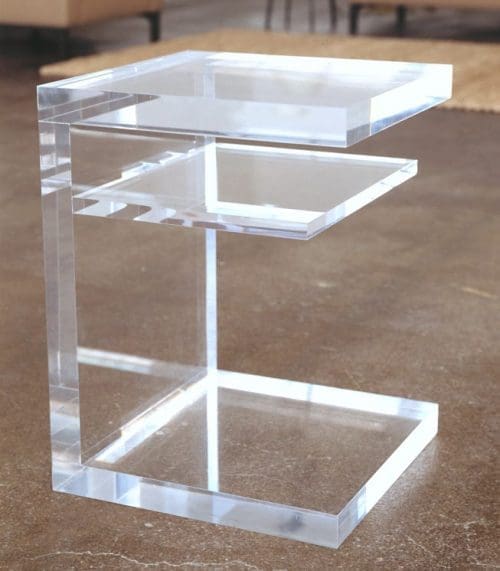 ROOM S2 Lucite Side Table with polished, clear Lucite with 1" thick shelf handcrafted customizable made to order custom ROOM Furniture