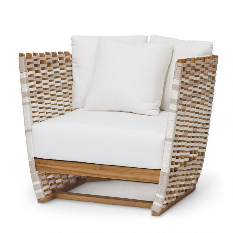 ROOM San Martin Outdoor Lounge Chair with natural golden brown teak and taupe and white hand-woven synthetic rope customizable made to order custom ROOM Furniture