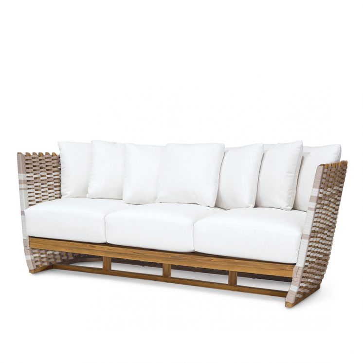 ROOM San Martin Sofa with natural golden brown teak and taupe and white hand-woven synthetic rope customizable made to order custom ROOM Furniture