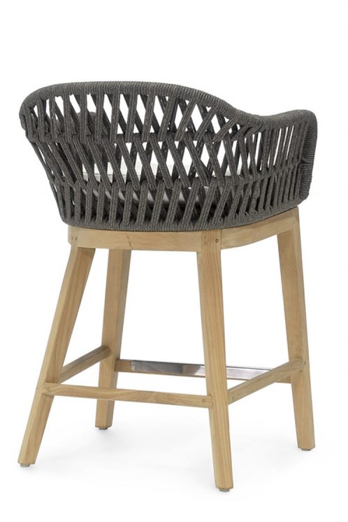 ROOM Sorrento Outdoor Counter Stool Powder-Coated Aluminum Frame with Hand Woven Heathered Charcoal Grey Synthetic Rope Natural Teak Golden Brown Wood Legs White Loose Cushions Made to Order Customizable ROOM Furniture