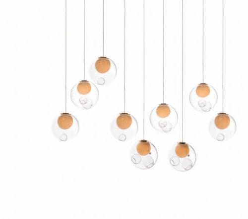 Bocci 28 Series 28.9 Random low voltage lamp pendants clear braided metal coaxial cable white powder coated canopy Omer Arbel blown glass | ROOM Furniture
