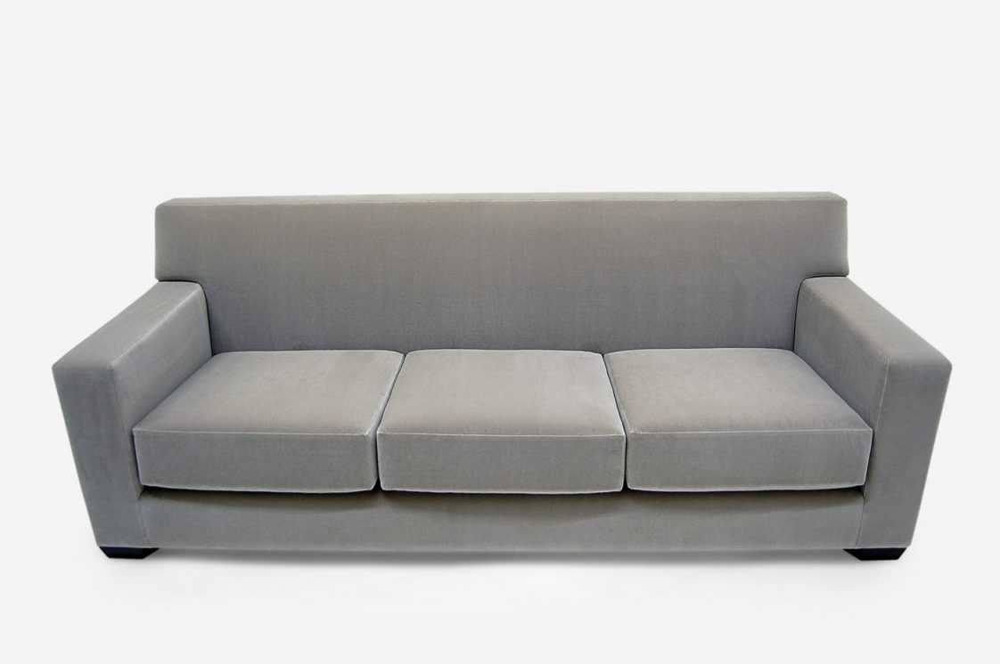 ROOM Felix Sofa with 3 gray seat cushions and upholstery, flat seam, Kiln-dried hardwood frame low profile wood legs customizable made to order custom ROOM Furniture