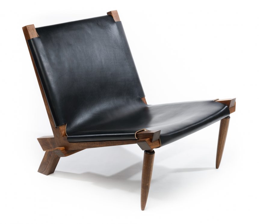 Michael Robbins Taza Lounge Chair Medium Brown Black Woven Bridle Leather Veg Chestnut Wooden Frame | ROOM Online