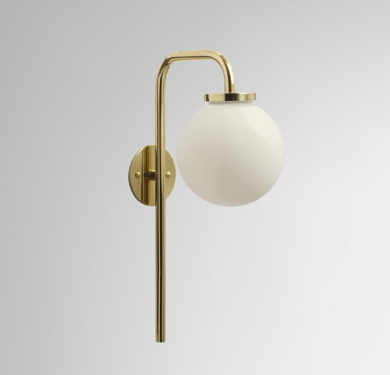 CTO Lighting Big Bulb Opal Wall Sconce with Polished Brass Base and Opal Glass Shade low voltage lamp minimalist design hand blown glass shade tubular frame ROOM Furniture