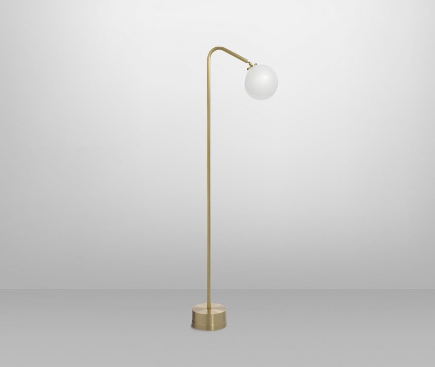 CTO Lighting Oscar Floor Lamp Satin Brass Stem with Satin Brass Base and Opal Glass Shade.