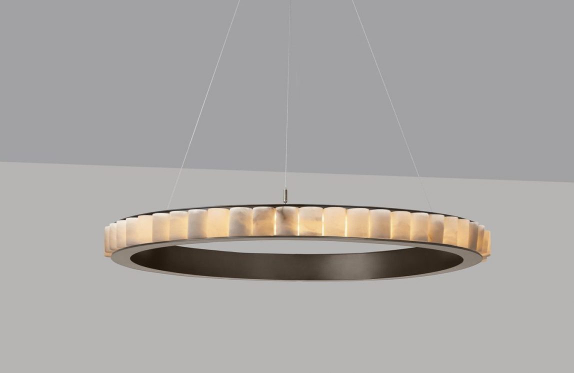 Avalon Chandelier Large in Satin Bronze finish with Alabaster and Stainless Steel Cables Alabaster stone Minimalist ROOM Furniture