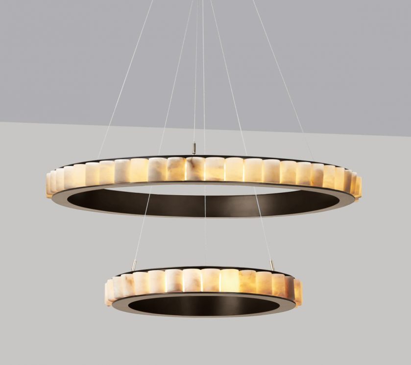 Avalon Chandelier Large in Satin Bronze finish with Alabaster and Stainless Steel Cables Alabaster stone Minimalist ROOM Furniture
