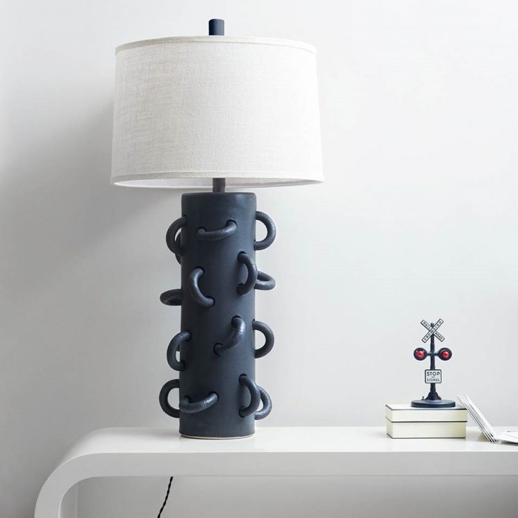 Warner Walcott Lupe Table Lamp Lava Pitch Black Ceramic Base with White Shade Room Furniture