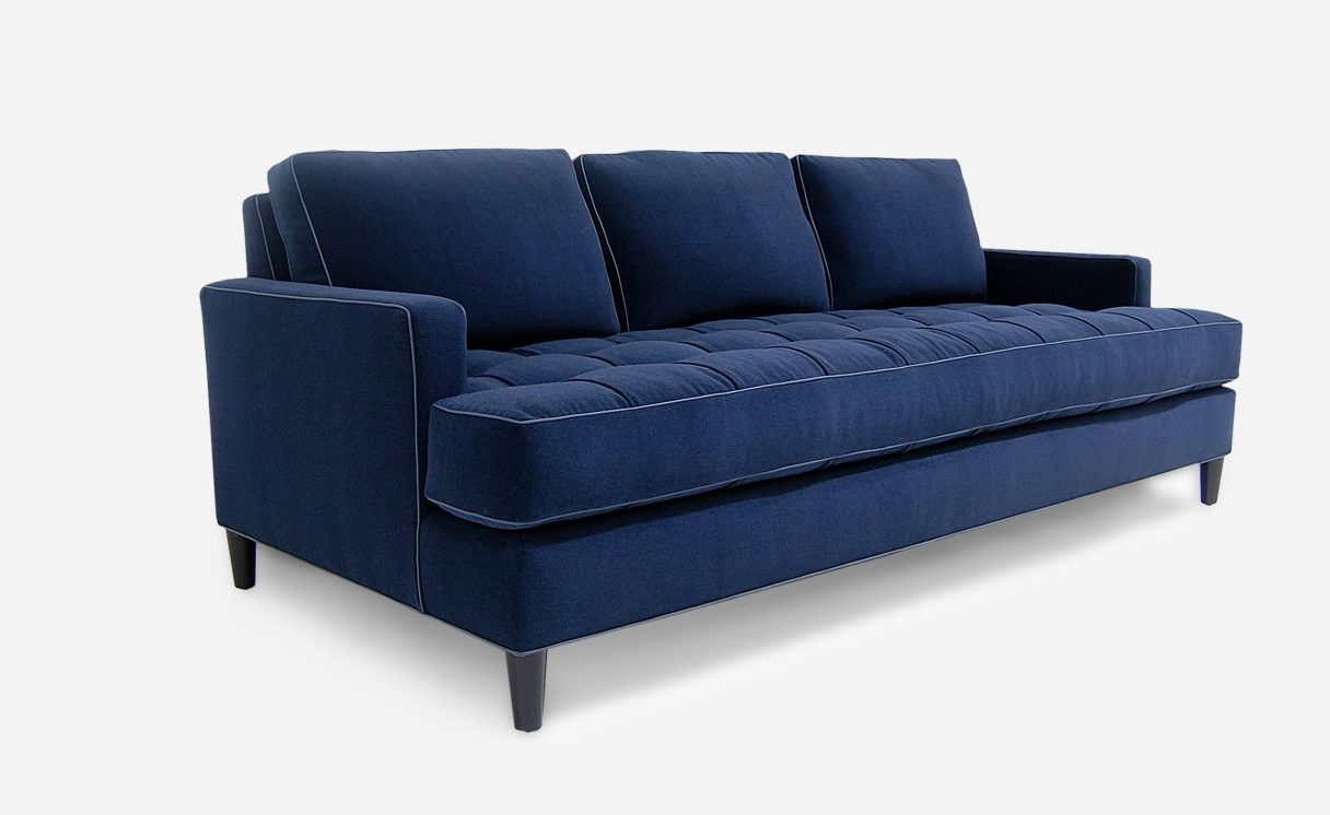 ROOM Cobb Sofa Blue Fabric White Piped Seam and Button-Tufted Seat Cushion Kiln-Dried Hardwood Frame Made to Order Customizable ROOM Furniture