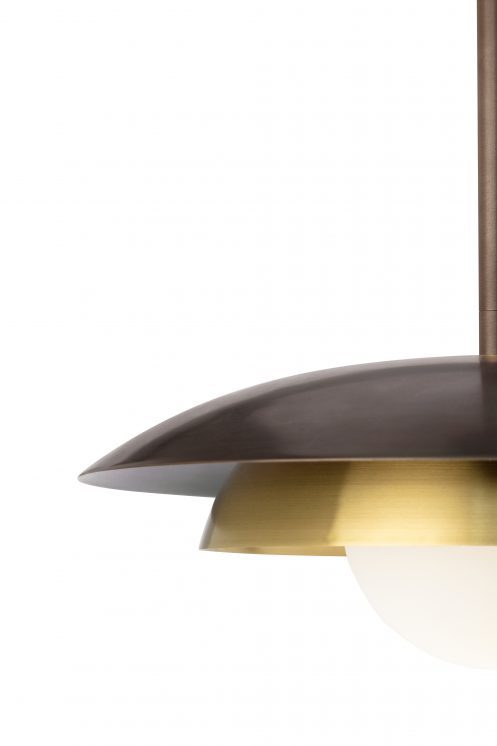 CTO Lighting Carapace Rod Pendant Bronze with Satin Brass and Opal Glass Shade Room Furniture