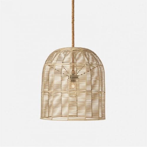 Made Goods Evander Pendant with Off White Faux rattan shade and braided abaca rope incandescent bulb outdoor pendant customizable made to order custom ROOM Furniture