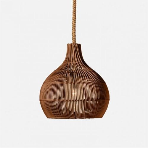 ROOM Myrleen Pendant with Chestnut Faux rattan shade and braided abaca rope incandescent bulb outdoor pendant customizable made to order custom ROOM Furniture