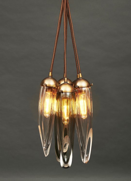 Joseph Pagano Astral Nesting Pendant with 5 hand blown glass globes in clear & smoke dark bronze hardware finish and braided bronze cord with stone tension bead suspended glass light fixture blown glass sculpture ROOM Furniture