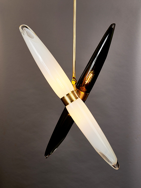 Joseph Pagano Astral Pendant bronze drop rod white black copper mouth blown glass | ROOM Online