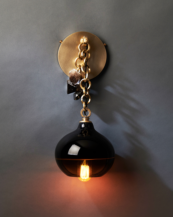Joseph Pagano Chain and Ball Ball & Chain Wall Sconce smoke grey ink black glass globe satin brass chain smokey quartz detail mouth blown hand crafted sustainable | ROOM Online