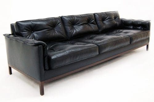 ROOM Amy Crain Grant Sofa kiln-dried maple frame exposed maple base cushion standard black brown leather custom customizable made to order any colors | ROOM Online